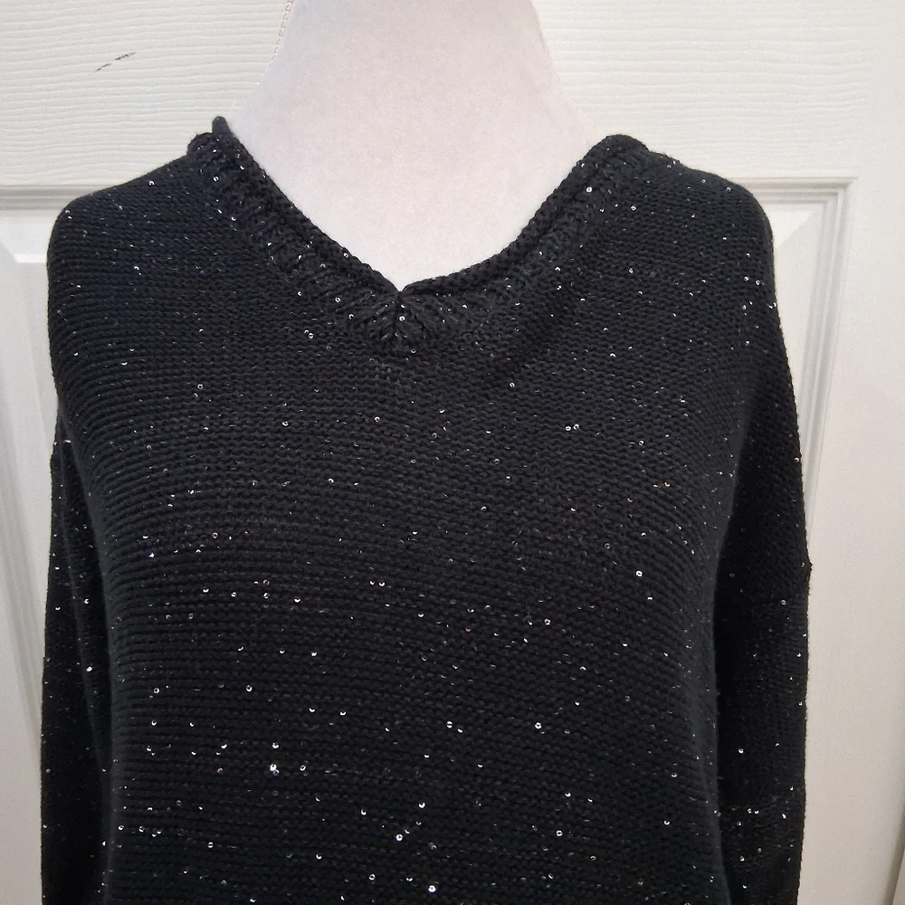 DKNY Jeans Black Sequin Sweater With Bottom Tie Size L